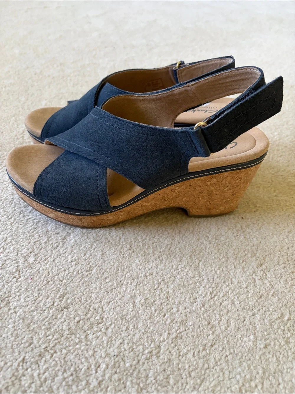 Clarks Navy Suede Cork Wedge Sandals